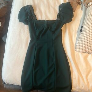 windsor dark green mini dress with puffed sleeves and fake corset top